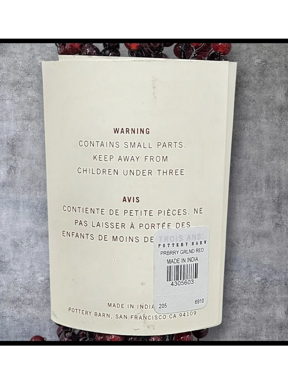 NWT Rare Vintage Pottery Barn Pepperberry Glass Bead Garland 5 Feet Red NIP NEW